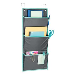 mDesign Soft Fabric Wall Mount/Over Door Hanging Storage Organizer - 3 Large Pockets - Holds Office Supplies, Planners, File Folders, Notebooks - Gray/Teal Blue