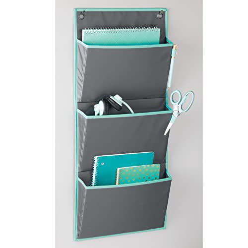 mDesign Soft Fabric Wall Mount/Over Door Hanging Storage Organizer - 3 Large Pockets - Holds Office Supplies, Planners, File Folders, Notebooks - Gray/Teal Blue