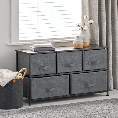 mDesign 21.65" High Steel Frame/Wood Top Storage Dresser Furniture Unit with 5 Removable Fabric Drawers - Wide Bureau Organizer for Bedroom, Living Room, Closet - Lido Collection, Charcoal Gray