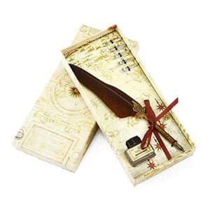 calligraphy feather pen set- vintage writing feather quill pen ink set- 5pcs metal pen nib wedding gift set (compass box feather pen)
