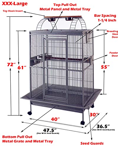 4 Size, Castle PlayTop Parrot Cage for Large Macaws Cockatoos African Grey Amazon (40" x 30" x 72"H White Vein)