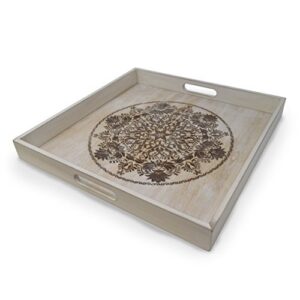 decorative wooden serving tray with engraved art, ottoman breakfast tray for carrying drinks letters mail, 15.75 x 15.75 in (40 x 40 cm) display piece, rustic antique distressed look