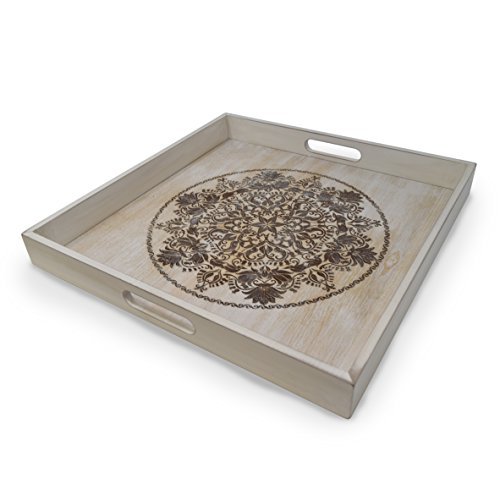 Decorative Wooden Serving Tray with Engraved Art, Ottoman Breakfast Tray for Carrying Drinks Letters Mail, 15.75 x 15.75 in (40 x 40 cm) Display Piece, Rustic Antique Distressed Look