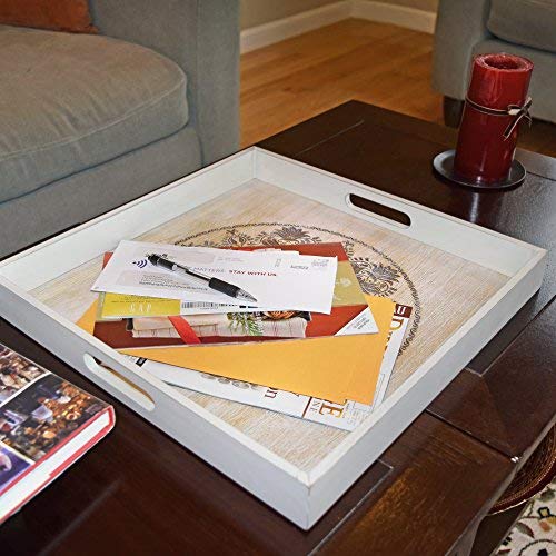 Decorative Wooden Serving Tray with Engraved Art, Ottoman Breakfast Tray for Carrying Drinks Letters Mail, 15.75 x 15.75 in (40 x 40 cm) Display Piece, Rustic Antique Distressed Look