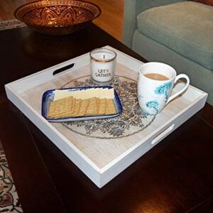 Decorative Wooden Serving Tray with Engraved Art, Ottoman Breakfast Tray for Carrying Drinks Letters Mail, 15.75 x 15.75 in (40 x 40 cm) Display Piece, Rustic Antique Distressed Look