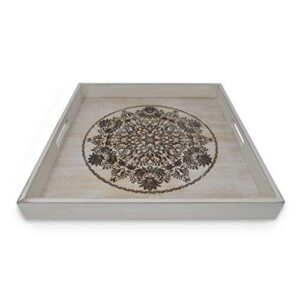 Decorative Wooden Serving Tray with Engraved Art, Ottoman Breakfast Tray for Carrying Drinks Letters Mail, 15.75 x 15.75 in (40 x 40 cm) Display Piece, Rustic Antique Distressed Look