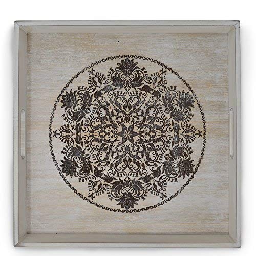 Decorative Wooden Serving Tray with Engraved Art, Ottoman Breakfast Tray for Carrying Drinks Letters Mail, 15.75 x 15.75 in (40 x 40 cm) Display Piece, Rustic Antique Distressed Look