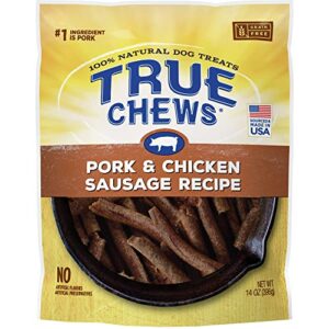 blue buffalo true chews natural dog treats, pork and chicken sausage 14 oz bag