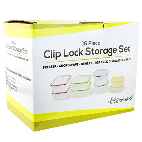 16 Piece Clip Lock Food Container Storage Set - Microwave & Dishwasher Safe Kitchen Box