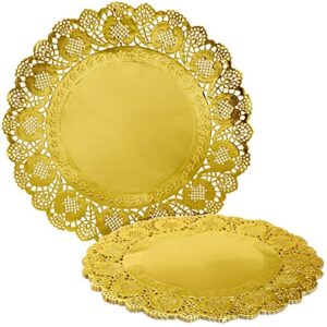 juvale 60 pack round paper placemats for dining table, formal events, decorative gold lace paper doilies, bulk disposable charger plates for cakes, desserts, and baked goods (12 in)