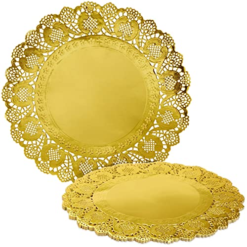 Juvale 60 Pack Round Paper Placemats for Dining Table, Formal Events, Decorative Gold Lace Paper Doilies, Bulk Disposable Charger Plates for Cakes, Desserts, and Baked Goods (12 in)