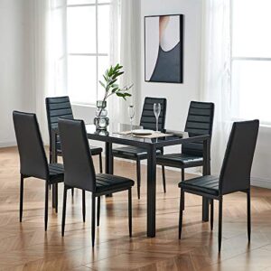 mecor 7 piece glass kitchen dining table set, glass top table with 6 faux leather chairs breakfast furniture,black