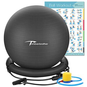 Timberbrother Exercise Ball Chair with Resistance Bands Workout Poster 16.5”x 22.4”,Stability Ball Base for Gym and Home Exercise(Black with Ring & Bands)