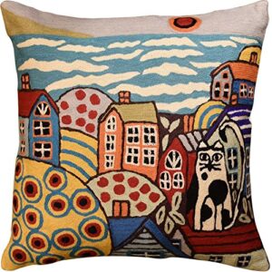 kashmir designs blue coastal throw pillow cover | karla gerard seaside cat pillow | folklore pillowcase | nautical chair cushion | flower couch pillow | hand embroidered cushions wool size - 18x18