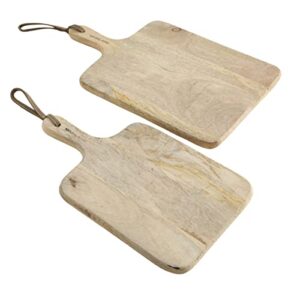 artisinal kitchen natural wood cutting boards, set of 2, mango wood, stitched leather hanging straps, each over 1 ft 16 1/2 and 14 1/2 inches long, by whw