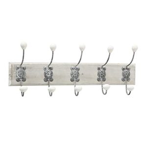 french country house wall rack, 5 hooks, shabby distressed finish, rustic white, weathered gray wood, vintage inspired, porcelain caps, 22.75 l x 4.75 w x 8.25 h inches