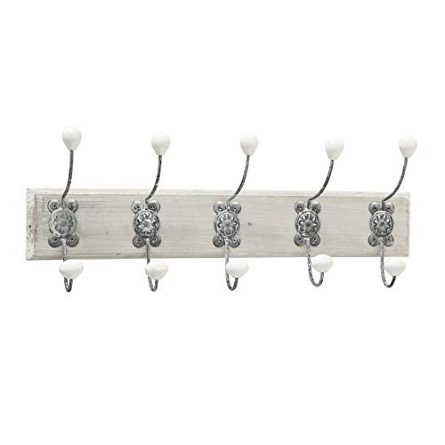 French Country House Wall Rack, 5 Hooks, Shabby Distressed Finish, Rustic White, Weathered Gray Wood, Vintage Inspired, Porcelain Caps, 22.75 L x 4.75 W x 8.25 H Inches