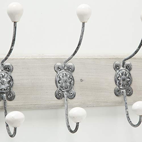 French Country House Wall Rack, 5 Hooks, Shabby Distressed Finish, Rustic White, Weathered Gray Wood, Vintage Inspired, Porcelain Caps, 22.75 L x 4.75 W x 8.25 H Inches
