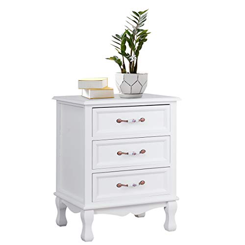 Giantex 3 Drawers Nightstand, Mid-Century Vintage Bedside Table w/Exquisite Handle & Solid Wood Legs, Wood Sofa End Table Storage Cabinet Accent Furniture for Bedroom, White