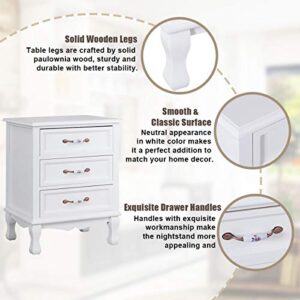 Giantex 3 Drawers Nightstand, Mid-Century Vintage Bedside Table w/Exquisite Handle & Solid Wood Legs, Wood Sofa End Table Storage Cabinet Accent Furniture for Bedroom, White