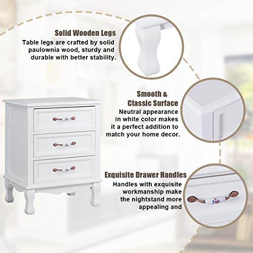 Giantex 3 Drawers Nightstand, Mid-Century Vintage Bedside Table w/Exquisite Handle & Solid Wood Legs, Wood Sofa End Table Storage Cabinet Accent Furniture for Bedroom, White