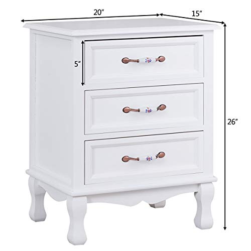 Giantex 3 Drawers Nightstand, Mid-Century Vintage Bedside Table w/Exquisite Handle & Solid Wood Legs, Wood Sofa End Table Storage Cabinet Accent Furniture for Bedroom, White