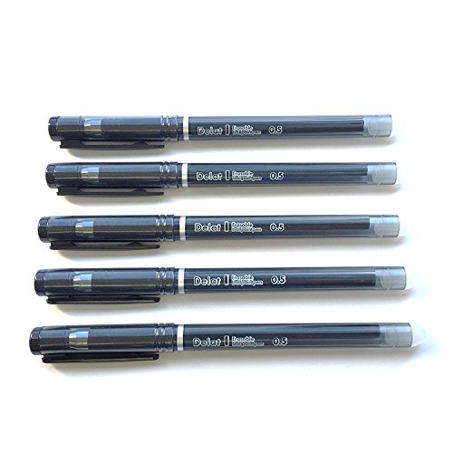 Delat Erasable Gel Ink Ballpoint Pen 0.5mm BLACK, 5-PACK