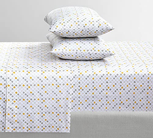 Feather & Stitch Softest 100% Cotton Sheets, Queen Size Sheet Sets, 4 PC Set, 300 Thread Count Percale Weave Bedding, 16" Deep Pocket, Cooling Sheets, Breathable Bed Set (Yellow Diamond)