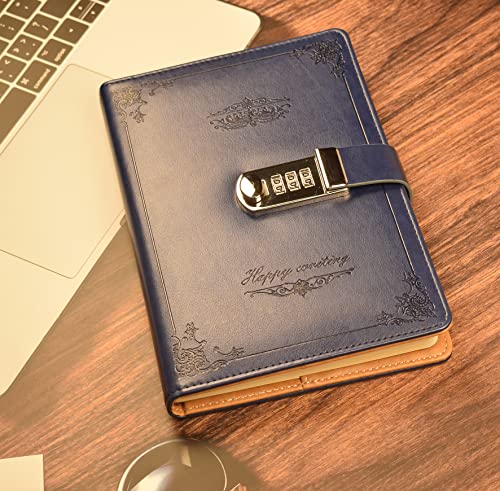 JunShop Digital Password Journal with Lock Retro Privacy Diary with Combination Lock Leather Binder Notebook Locking Journal Diary(Blue)