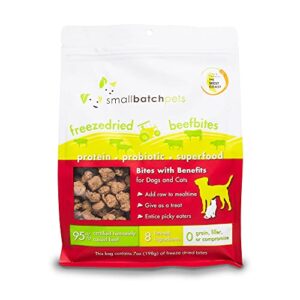 smallbatch pets freeze-dried beef bites for dogs & cats, 7 oz, made in the usa, organic produce, humanely sourced meat, single source protein, mixer & topper, healthy, with papaya and probiotics
