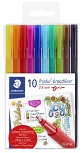 staedtler triangular broad liner, triplus broadliner, 0.8mm metal-clad tip, journaling and hand lettering pen, set of 10 assorted colors, 338 tb10a6