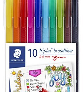 STAEDTLER triangular broad liner, triplus broadliner, 0.8mm metal-clad tip, journaling and hand lettering pen, set of 10 assorted colors, 338 TB10A6