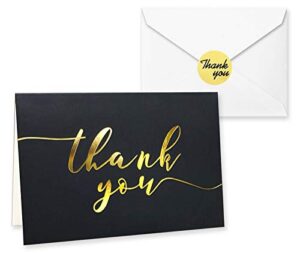 100 thank you cards in black with envelopes and stickers - quality elegant bulk notes embossed with gold foil letters for weddings, graduations, engagements, business, formal, funeral, 4x6