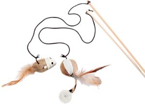 lukpaw cat teaser cat kitten toys set natural sisal wand teasers with mouse, bell, feather, elastic string, and sturdy wood rod