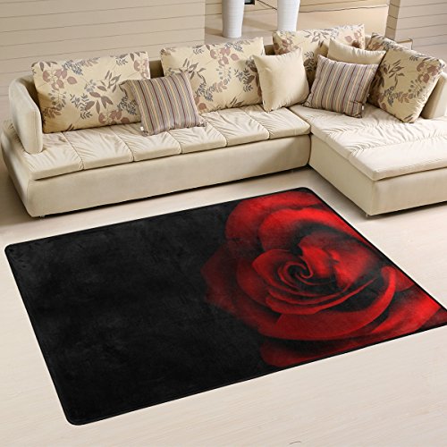 U Life Vintage Floral Red Rose Black Large Area Rug Runner Floor Mat Carpet for Entrance Way Doorway Living Room Bedroom Kitchen Office 36 x 24 & 72 x 48 Inch 3 x 2 & 6 x 4 Feet