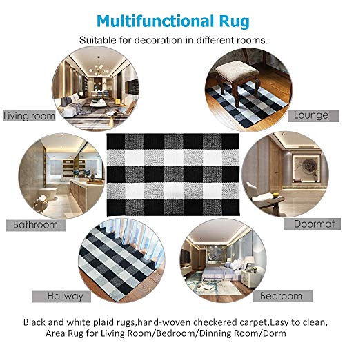 Winwinplus Buffalo Plaid Check Rug 23.6 x 35.4 Inches Cotton Washable Woven Checkered Indoor/Outdoor Rugs for Doorway/Living Room/Kitchen/Front Porch Layered Door Mat Decor/Farmhouse, Black and White