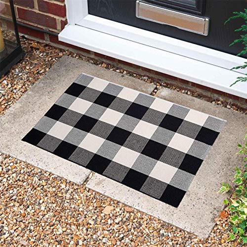 Winwinplus Buffalo Plaid Check Rug 23.6 x 35.4 Inches Cotton Washable Woven Checkered Indoor/Outdoor Rugs for Doorway/Living Room/Kitchen/Front Porch Layered Door Mat Decor/Farmhouse, Black and White