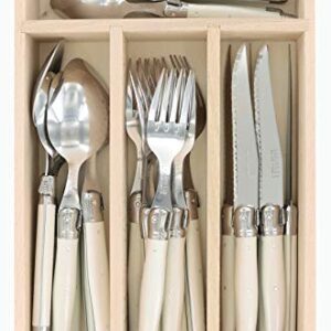 Laguiole Andre Verdier Debutant 24 Piece Flatware Set, Steak Knives, Forks, Soup Spoons, Teaspoons, Ivory Color, Made In France