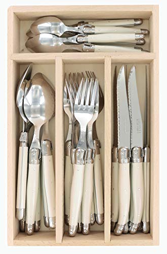 Laguiole Andre Verdier Debutant 24 Piece Flatware Set, Steak Knives, Forks, Soup Spoons, Teaspoons, Ivory Color, Made In France