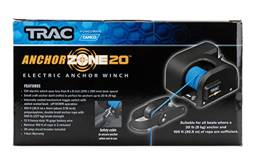 Camco TRAC Outdoors AnchorZone 20 Electric Anchor Winch | Features a High-Efficiency 12-Volt DC All-Steel Gear Motor, 100-Feet of Pre-Wound Braided Rope, and has a Max Capacity of 20lbs (69000)