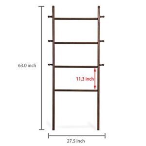 MyGift 5 Ft Tall Dark Brown Solid Wood Wall Leaning Blanket Ladder, Farmhouse Bathroom Towel Rack 4 Rungs and 6 Pegged Hooks