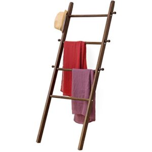 mygift 5 ft tall dark brown solid wood wall leaning blanket ladder, farmhouse bathroom towel rack 4 rungs and 6 pegged hooks
