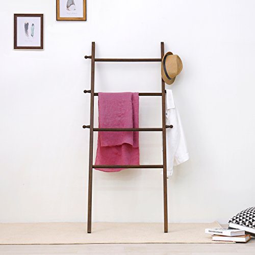 MyGift 5 Ft Tall Dark Brown Solid Wood Wall Leaning Blanket Ladder, Farmhouse Bathroom Towel Rack 4 Rungs and 6 Pegged Hooks