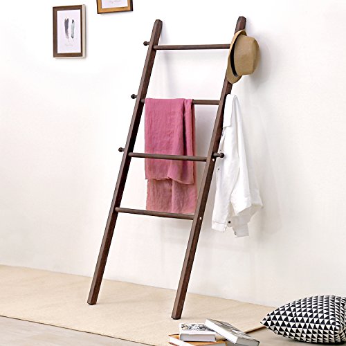 MyGift 5 Ft Tall Dark Brown Solid Wood Wall Leaning Blanket Ladder, Farmhouse Bathroom Towel Rack 4 Rungs and 6 Pegged Hooks