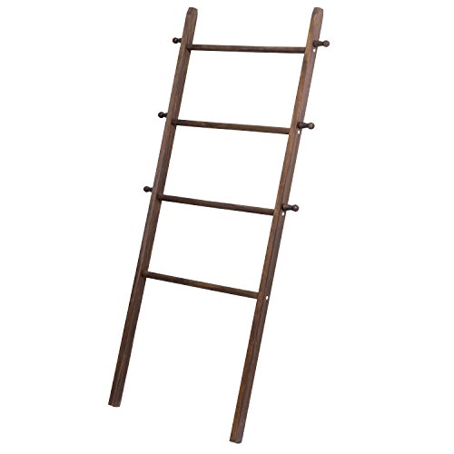 MyGift 5 Ft Tall Dark Brown Solid Wood Wall Leaning Blanket Ladder, Farmhouse Bathroom Towel Rack 4 Rungs and 6 Pegged Hooks