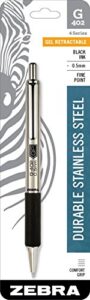 zebra pen g-402 retractable gel pen, stainless steel barrel, fine point, 0.5mm, black ink, 1-pack
