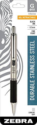 Zebra Pen G-402 Retractable Gel Pen, Stainless Steel Barrel, Fine Point, 0.5mm, Black Ink, 1-Pack