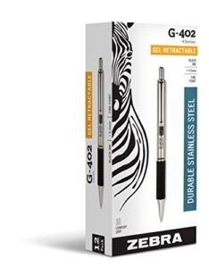 zebra pen g-402 retractable gel pen, stainless steel barrel, fine point, 0.5mm, black ink, 12-pack