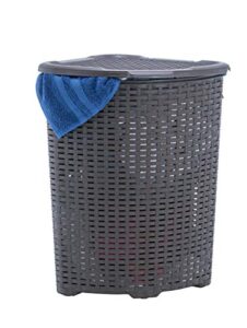 corner laundry hamper basket with lid 50 liter - brown wicker hamper, durable, lightweight bin with cutout handles - storage dirty cloths curved shape design fits bathroom, door, closet. by superio