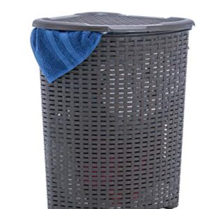 Corner Laundry Hamper Basket with Lid 50 Liter - Brown Wicker Hamper, Durable, Lightweight Bin with Cutout Handles - Storage Dirty Cloths Curved Shape Design Fits Bathroom, Door, Closet. By Superio